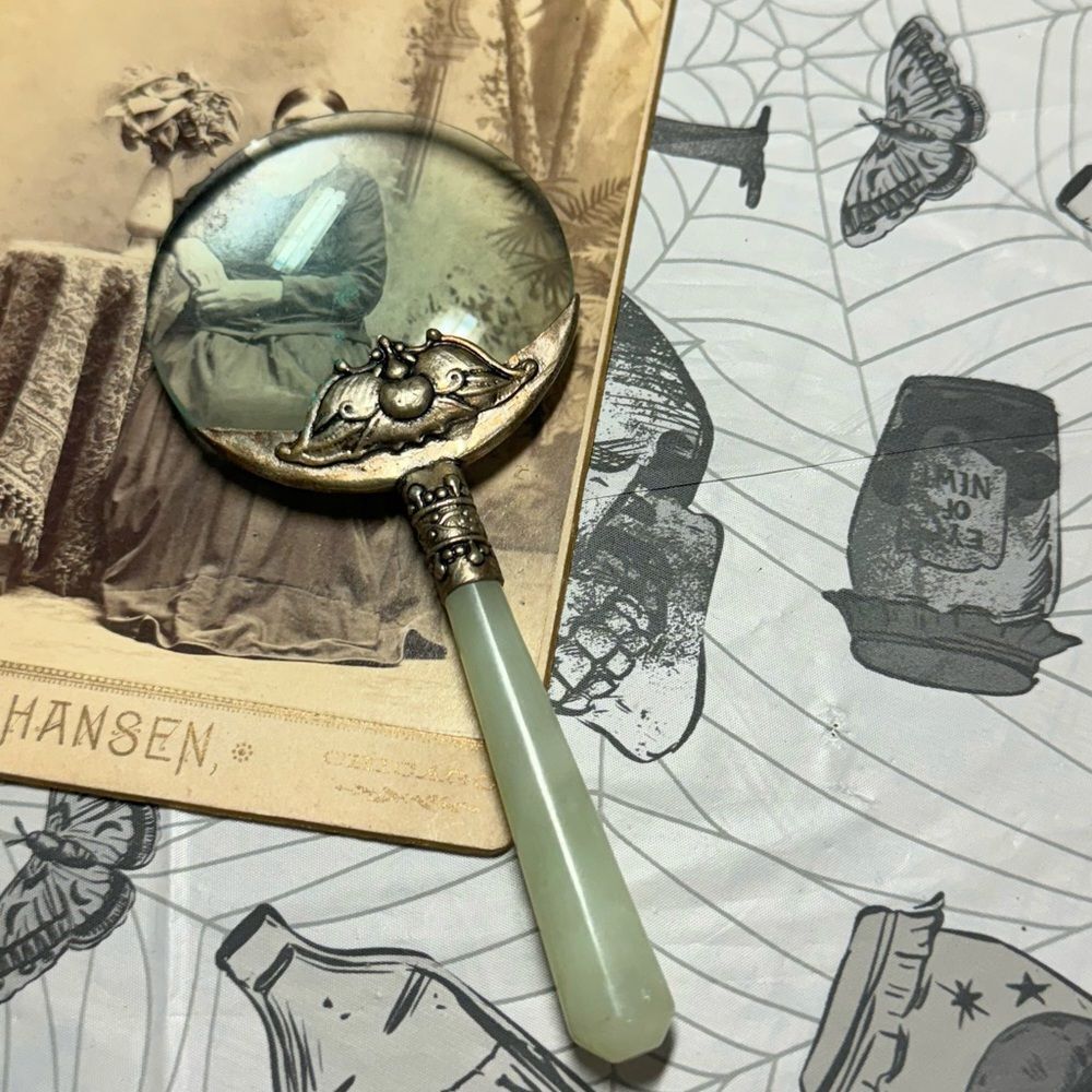 Antique Chinese Export Magnifying Glass W/ Genuine Jade Handle Moth